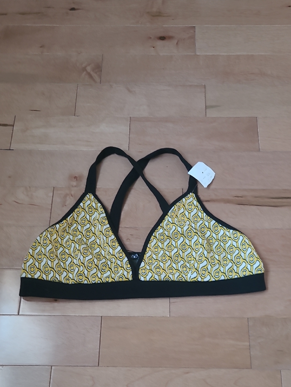 Zara NEW Criss Cross Back Yellow White Pattern Black Trim Cropped Top Size L NWT